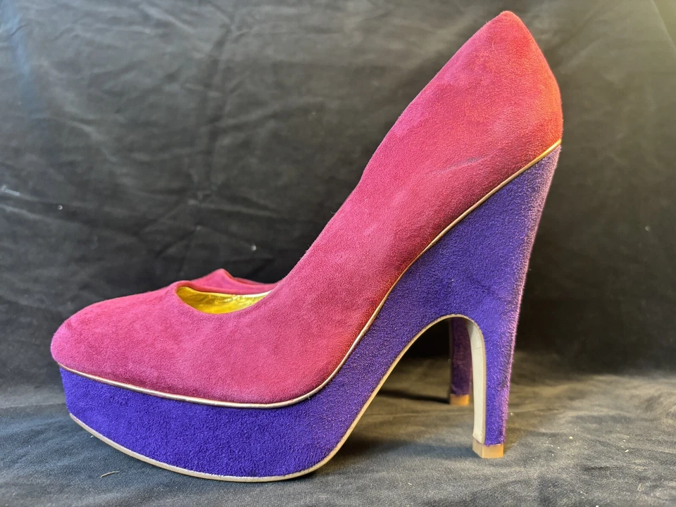 Charles David Suede Cranberry & Purple Gold Platform High Heels Retro Disco US 9 - Image 3 of 4