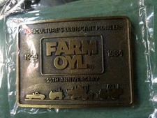 Farm Oyl ag lubricants BELT BUCKLE vintage collectible brass 1984 50th anniv