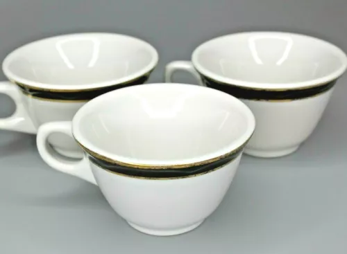 1973 Jackson China Restaurant Ware Flat Coffee Cups Black Gold Trim Lot of 3