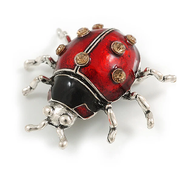 Red Black Enamel Citrine Crystal Ladybug Ladybird Brooch in Aged Silver Tone