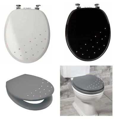 UNIVERSAL BATHROOM WC TOILET SEAT MODERN DIAMANTE WOODEN MDF WITH CHROME HINGES