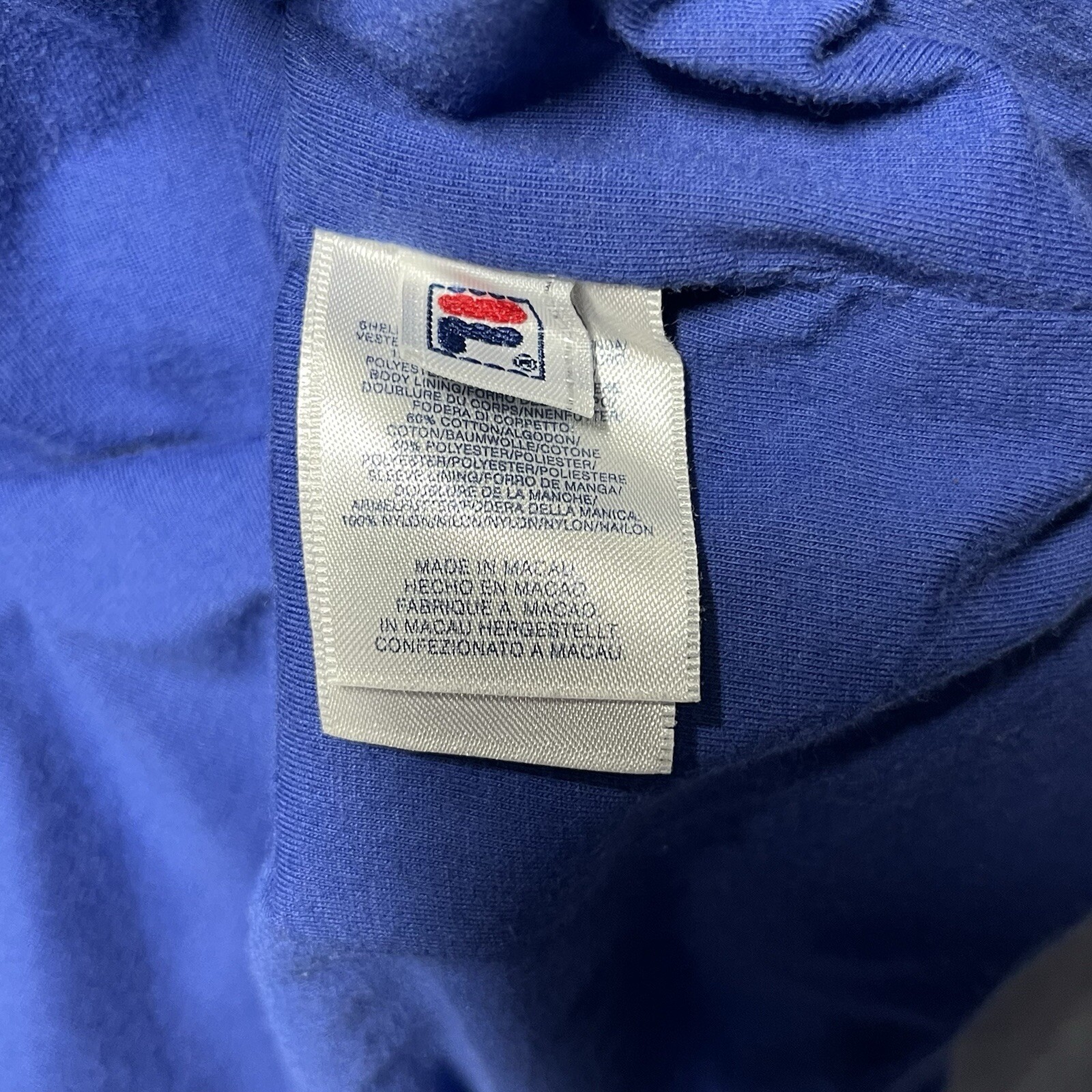 Giacca a vento vintage Y2K anni 90 ricamo Fila blu navy con cappuccio Uomo M