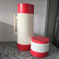 Vtg 70s Aladdin Hy-Lo Thermos & Soup Thermos Red Cream Insulated Hot Cold Lunch