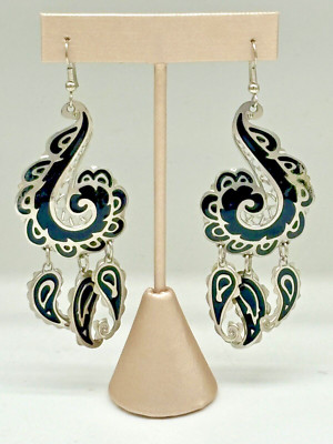 Vintage Edgar Berebi Statement Dangle Earrings Silver Tone Black Enamel 3.5 