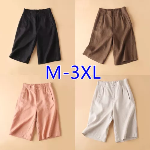 Womens Long Shorts Cotton Linen Knee Length with Pockets Lightweight Loose - Picture 5 of 15