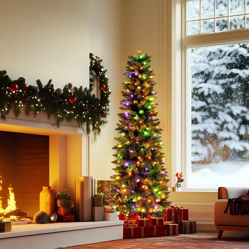 6ft PreLit Artificial Hinged Slim Pencil Christmas Tree w/250 Multi