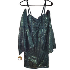 Wow Couture Dress Womens Green Small Sequins Cold Shoulder Holiday Christmas New
