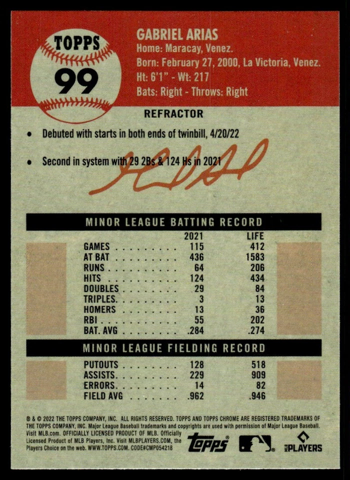 2022 Topps Chrome Platinum Refractor Gabriel Arias #99 R64 - Image 2 of 2