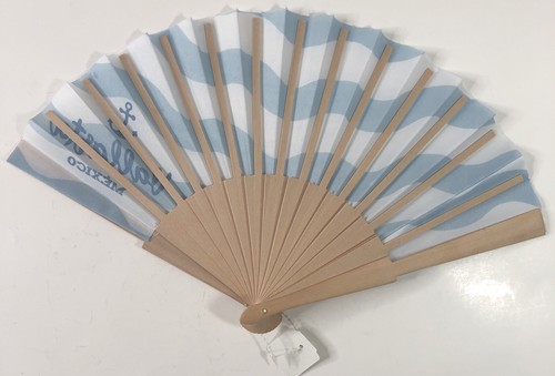 Vallarta Mexico Folding Fan Hand New Anchor Souvenir Wood Cloth Blue White - Picture 2 of 8