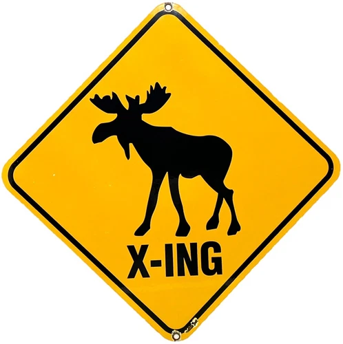 VINTAGE MOOSE CROSSING PORCELAIN SIGN GAS OIL SAFTEY CARIBOU REINDEER DEER