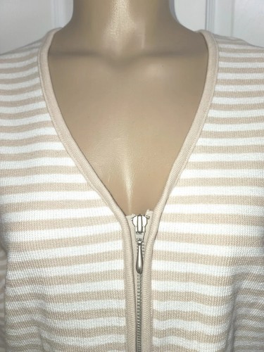 Classic Elements Sweater Sz M Zipper Front Pockets Casual White Beige Stripe sb4 - Picture 2 of 8