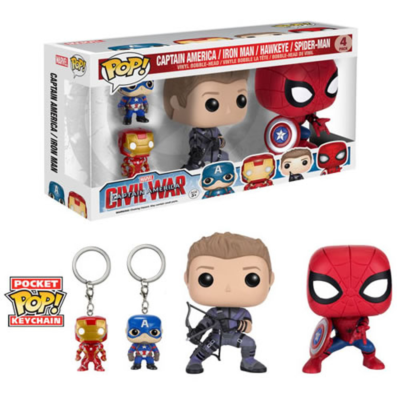 FUNKO POP VINYL FIGURE CIVIL WAR 4 PACK IRON MAN HAWKEYE SPIDER