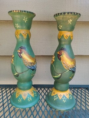Pair of Vintage 1995 signed Tracy Porter Handpainted Rooster Candlesticks 