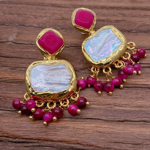 Cultured White Pearl Fuchsia Jade Tiger Eye Stud Earrings Dangle Fashion Earring - Picture 3 of 6
