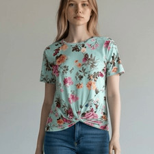 Bellamie S Light Blue Pink Floral Scoop Neck Top Preppy Romantic Pastel Artsy