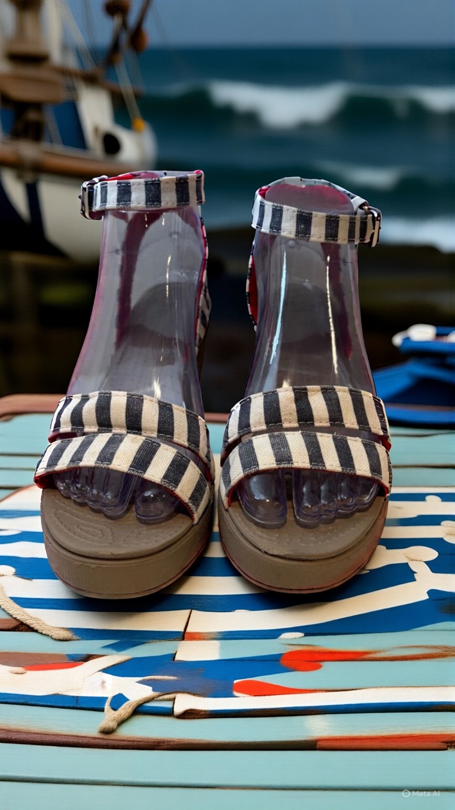 Crocs Leigh Graphic Wedge Sandals Womens Size 8 Strappy Nautical Blue White