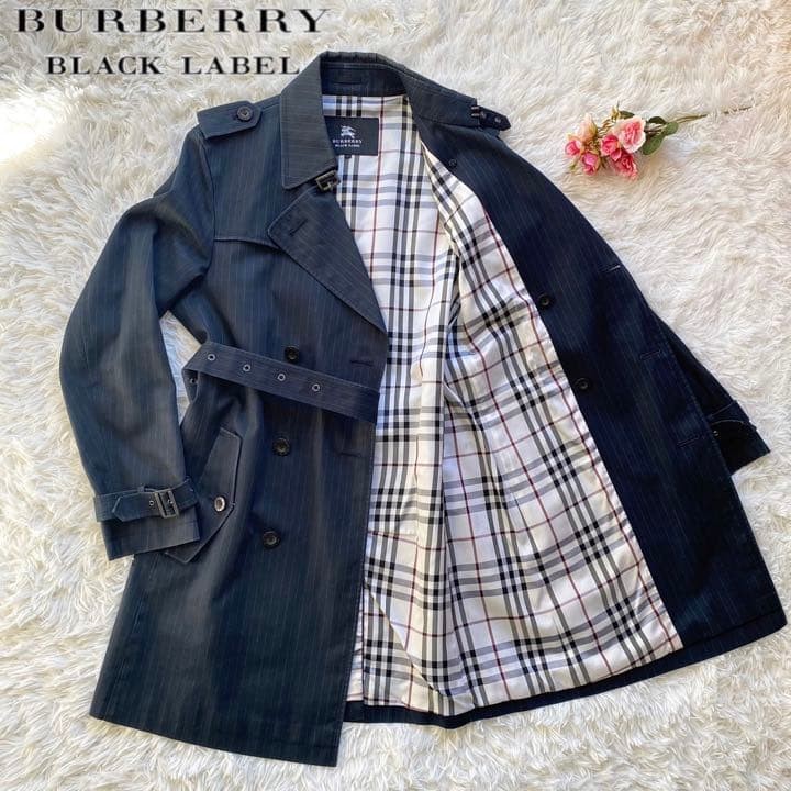 Burberry Black Label Men's Trench Coat Nova Check Stripe Navy L Japan