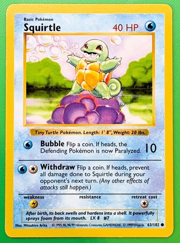 Squirtle 63 SHADOWLESS Base Set LP English Pokemon TCG