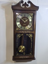 Vintage Wood Quartz Wall Clock  President Villager Brass Time & Pendulum 29"long