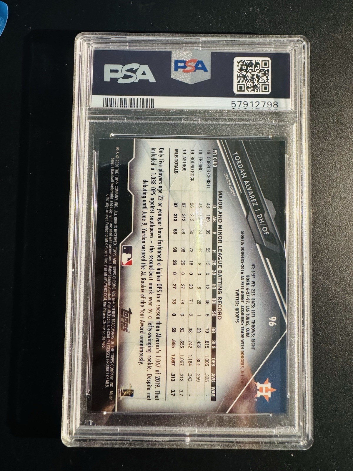 Yordan Alvarez 2020 Topps Chrome Black #96 PSA 7 view 2