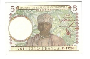 French West Africa, P. 26,  2.3.43, 5 Francs, Choice aUNC slight browning
