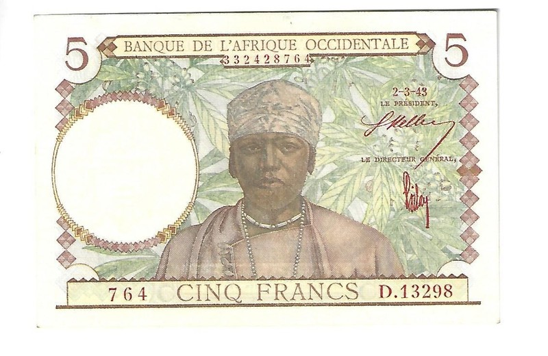 French West Africa, P. 26,  2.3.43, 5 Francs, Choice aUNC slight browning