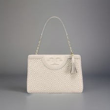 Tory Burch Fleming Beige Quilted Shoulder Bag Chain Strap With Tassel