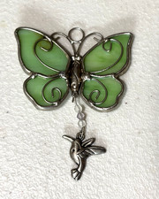 Ganz Green Iridescent Stained Glass Butterfly Ornament with Humming Bird Charm