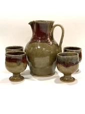 Jugtown Ware Pottery Pitcher and 4 Goblets Khaki Green & Burgundy Vernon Owens