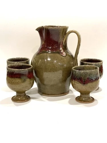 Jugtown Ware Pottery Pitcher and 4 Goblets Khaki Green & Burgundy Vernon Owens