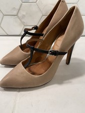 Coach Fulton T Strap Taupe Leather Stiletto Pumps Shoes Sz 5.5 Black Accent