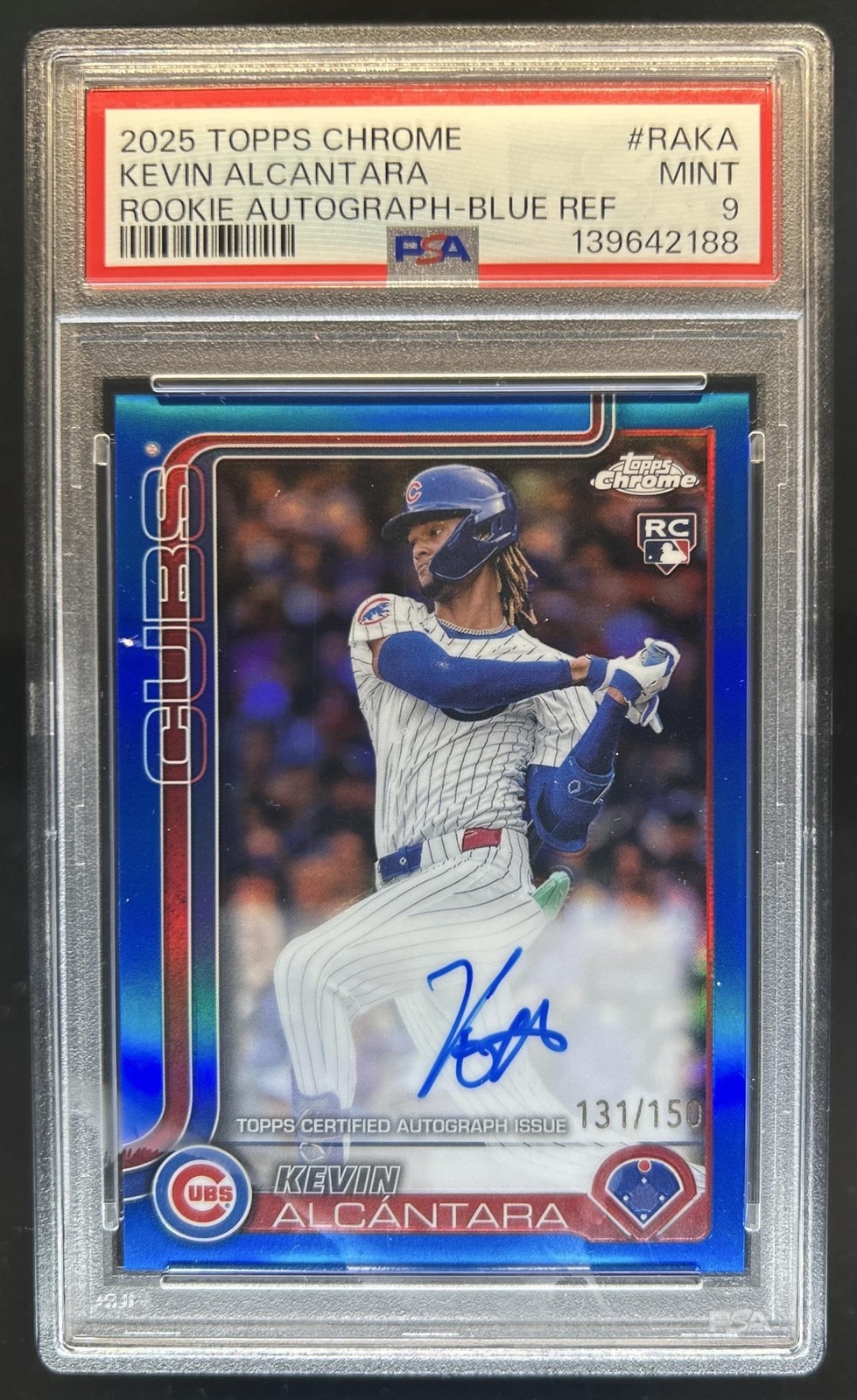 2025 Topps Chrome Kevin Alcantara Rookie Auto RC Blue Refractor #/150 Cubs PSA 9