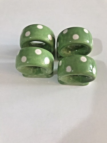 Vintage Retro Set 4 Green White Polka Dot Spotted Ceramic Napkin Rings Holders - Picture 3 of 6