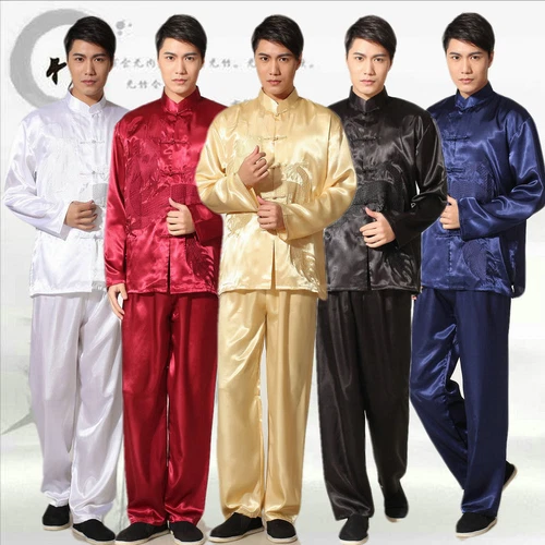 Mens Chinese Kung Fu Silk Suit Pajamas Black White Blue Red Size M- 2XL NEW - Picture 1 of 16