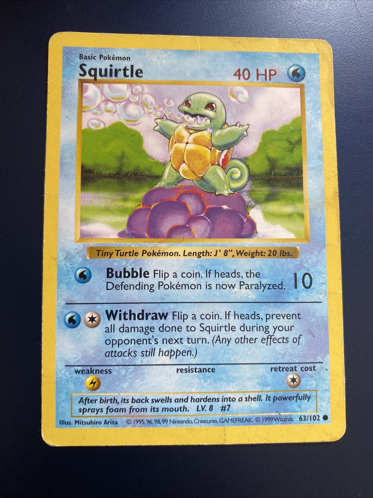 Squirtle 63/102 - Shadowless - 1999 Base Set Pokemon Lightly Played- Free S/H