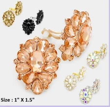 Clip On Earrings Cocktail Crystal Rhinestone Flower Oval Cluster Wedding Bridal