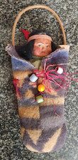 1940s Native American Skookum Papoose Doll 12" w/Handle wood Beads Wool Blanket