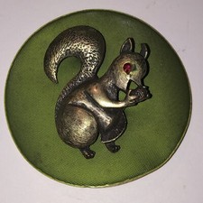 Vintage New Brushed Gold Tone Red Rhinestone Eyed Squirrel Brooch