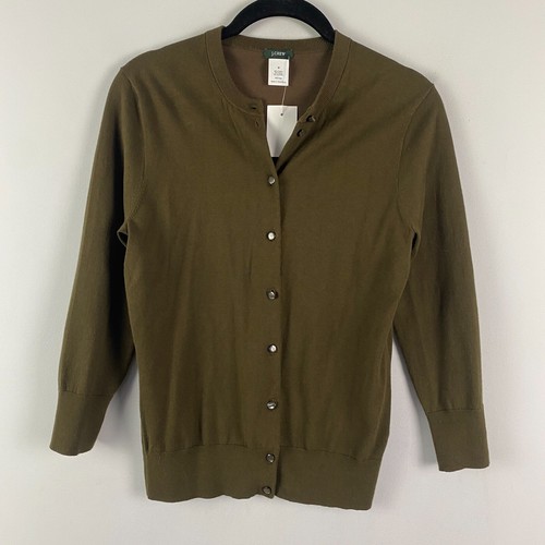 J Crew Cardigan Sweater Size Medium Olive Green 3/4 Sleeves Cotton Blend
