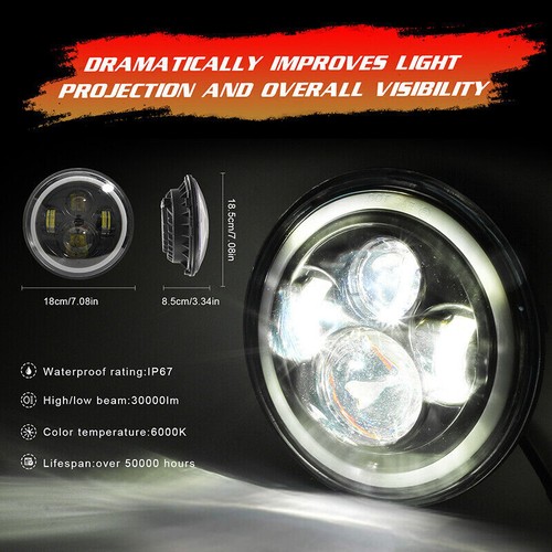 Pair 7" Inch Round LED Headlights Halo Angle Eyes For Jeep Wrangler JK LJ CJ TJ - Picture 9 of 12