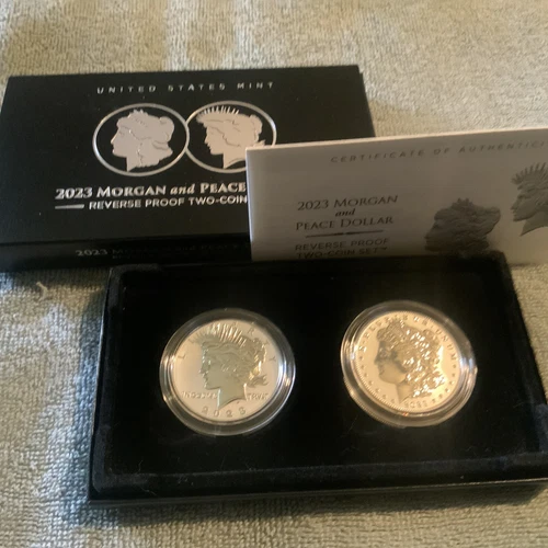 2023 Morgan And Peace Dollar Reverse Proof 2 Coin Set 23XS W Box & COA