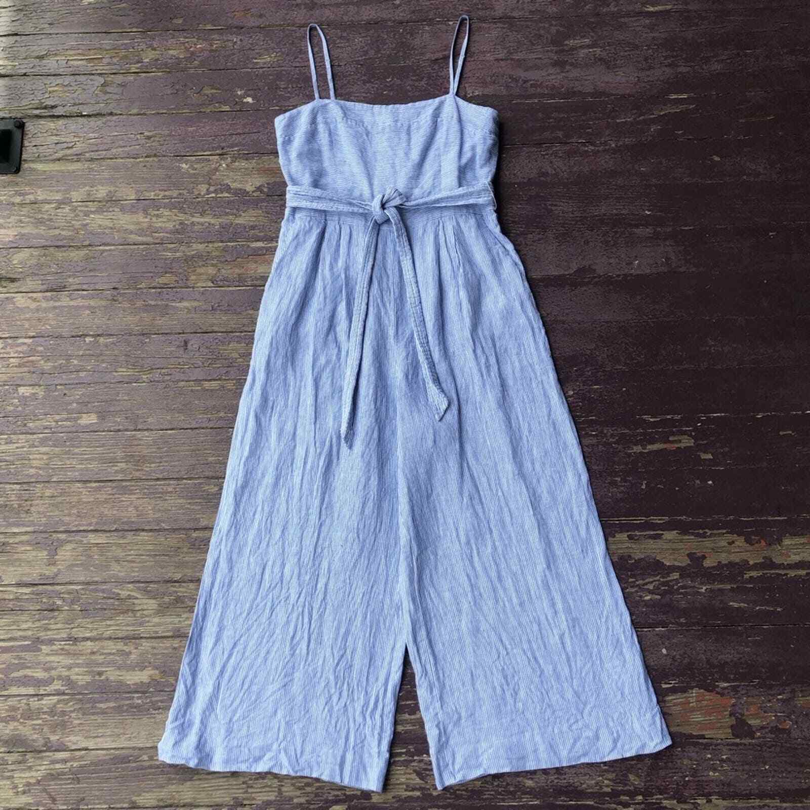 J. Crew Marseille Striped Linen Jumpsuit Blue White Wide Leg Belted 6