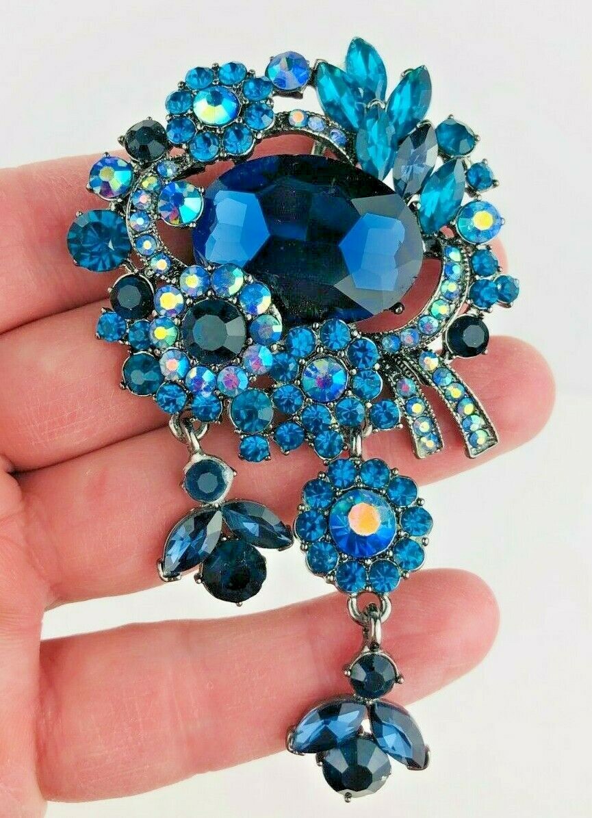 Vintage Floral Rhinestone Brooch Pendant Multicolor Statement Pin