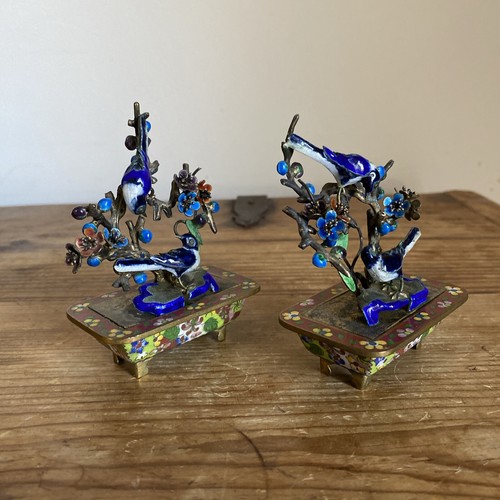 Pair Antique Chinese Cloisonne Enamel On Brass Bird In Tree Model Figures - Picture 2 of 17