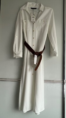 white maxi dress with brown belt L'AGENCE Women's Kylo Belted Shirt Dress - White