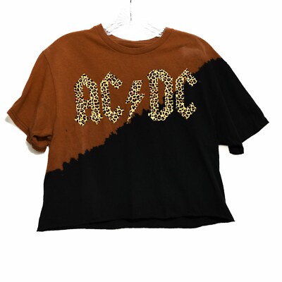 AC/DC Women Brown Black T-Shirt Leopard Logo Cropped Tie Dye Crew