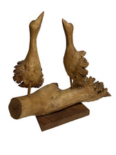 Vintage Burl Wood Two Bird Figurine Hand Carved Folk Art Sculpture 10  x 10"