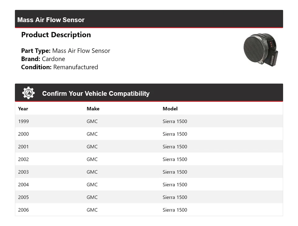 Sensor de flujo de aire masivo Cardone 2000 2001 2002 2003 GMC Sierra 1500 1999-2006 Foto 2 de 4