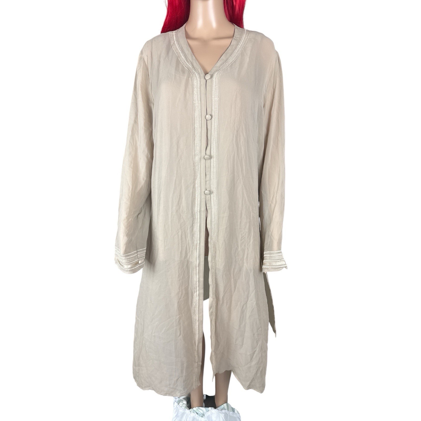 Silk Long Sleeve Sheer Duster Blouse for Women Size 18 in Beige