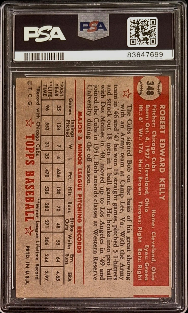 PSA 4 (MC) - 1952 Topps HIGH NUMBER #348 Bob Kelly Chicago Cubs view 2